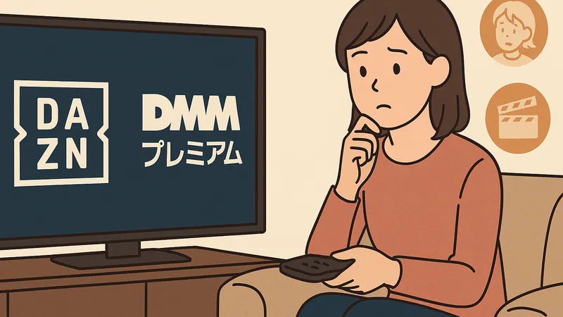 DAZNとDMMプレミアムを比較して悩む女性のイラスト。テレビ画面に両サービスのロゴが表示されている。