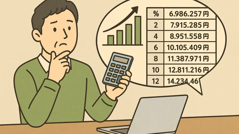 iDeCoの一時金を利回りごとにシミュレーションしている様子を描いたイラスト。人物が電卓を持ちながら考え込み、吹き出し内に利回り別の受取額表とグラフが表示されている。