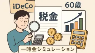 iDeCoの一時金を60歳で受け取った場合の税金を計算・シミュレーションする様子を描いたイラスト（人物が計算機と書類を確認し、グラフやコインのイメージも配置）