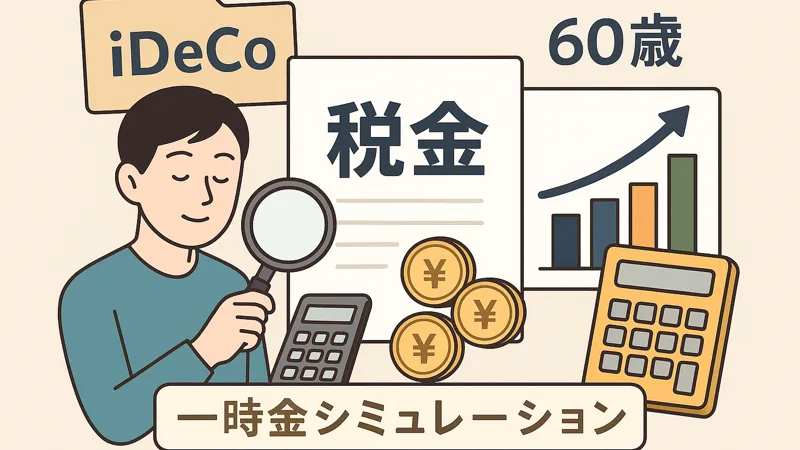 iDeCoの一時金を60歳で受け取った場合の税金を計算・シミュレーションする様子を描いたイラスト（人物が計算機と書類を確認し、グラフやコインのイメージも配置）
