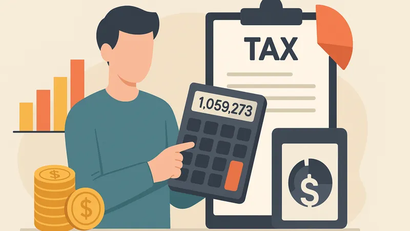 iDeCo一時金の受取額ごとの税金合計を計算するイメージ。電卓とTAX書類、棒グラフ、コインを配した横長イラスト。