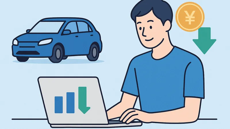 一括見積で自動車保険料を比較する様子を描いたイラスト（人物・PC・車・節約アイコン付き）