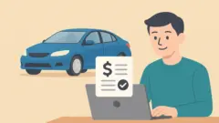 自動車保険の一括見積をノートPCで行う男性と青い車のイラストで、保険料比較と節約を表す