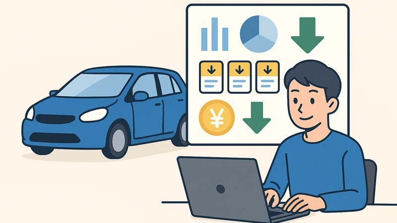 ノートパソコンで複数の自動車保険を比較する若い男性を描いたイラストで、一括見積の利用シーンを視覚的に表現。