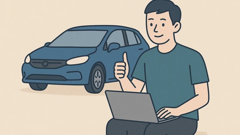 青いコンパクトカーの前でノートPCを操作し親指を立てる男性のイラストで、自動車保険の保険会社選びにこだわらない姿勢を表す。