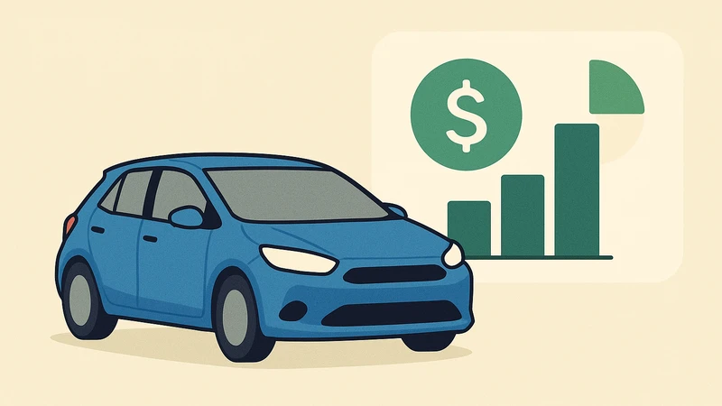 青いコンパクトカーの横に棒グラフと円グラフを配し、自動車保険料の比較と相場感を視覚的に示すイラスト。