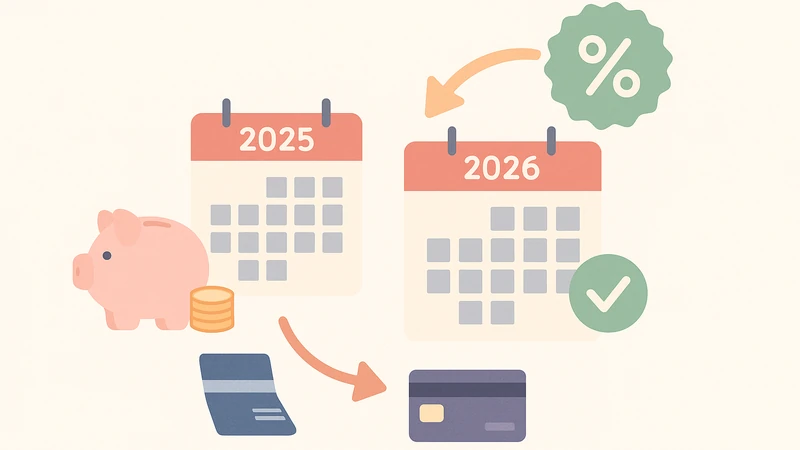 国民年金保険料を2年前納して割引を受けるイメージ(2025→2026のカレンダー、貯金箱、%バッジ、通帳とクレジットカード)