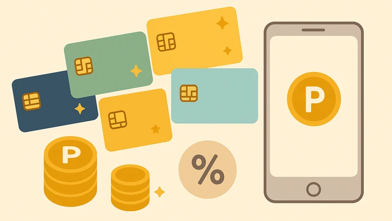 国民年金保険料の支払いでクレジットカードのポイント還元率を比較するイメージ(カード、%マーク、ポイントコイン、スマホ)