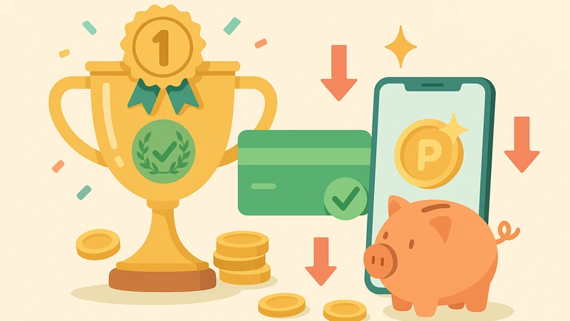 国民年金保険料の支払いでPayPayカードが最もお得という結論を表すイメージ(トロフィー・緑のカード・ポイント表示のスマホ・貯金箱)