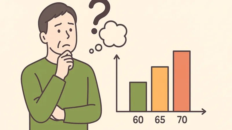 年金の受給開始年齢を考えている中年男性と、60歳・65歳・70歳の棒グラフのイラスト