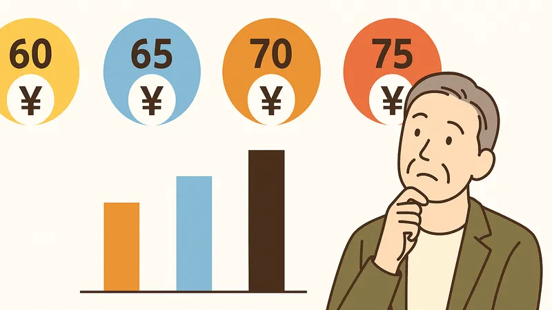 年金の受給開始年齢(60歳・65歳・70歳・75歳)を比較しながら考える高齢男性のイラスト