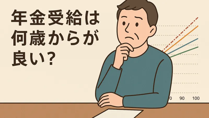 「年金受給は何歳からが良い?」と悩む中年男性と、受給開始年齢別の累計額グラフのイラスト