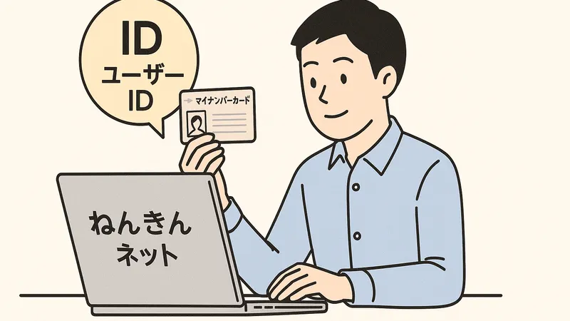 「ねんきんネット」にマイナンバーカードやユーザーIDでログインしようとしている男性のイラスト。パソコンとカードを手にした操作シーン。