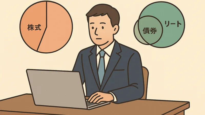 新NISA口座で株式・債券・リートの配分を考える男性投資家のイラスト