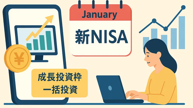 新NISAの成長投資枠で年初に一括投資する資金を特定口座の売却で用意するイメージイラスト（360万円枠・カレンダー・円硬貨）