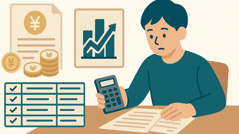 昨年の所得控除額の内訳を確認する人物のイラスト（確定申告・社会保険料控除・iDeCo・基礎控除）