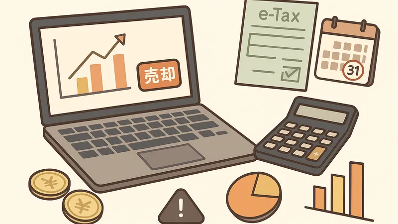特定口座の投資信託を売却して譲渡所得を計算するイメージイラスト（基準価額・平均取得価額・確定申告）