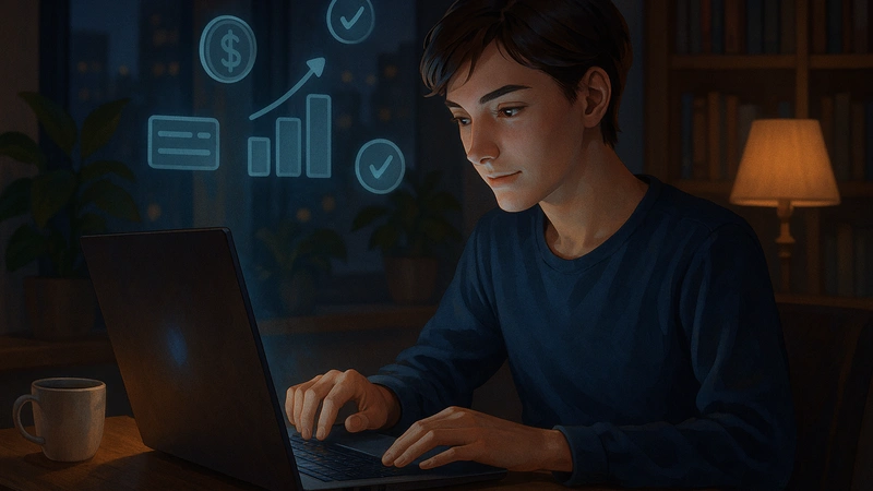 夜の自宅の書斎で、ノートパソコンに向かってアフィリエイト作業をしている若いブロガーと、手前のマグカップやメモ帳、奥の本棚やスタンドライトがつくる奥行きのある雰囲気が描かれている様子。