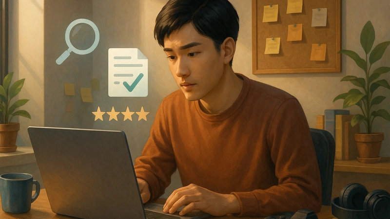 柔らかい光の差し込む部屋で、若い男性ブロガーがノートパソコンの画面を真剣に見つめて作業しており、そばにはマグカップやカメラ、観葉植物が置かれ、背後に虫ピンでメモが貼られた掲示板と、画面の横には虫眼鏡やチェックマーク付きの書類、星評価のアイコンが浮かんでいて、ブログ審査やチェックを連想させる様子。