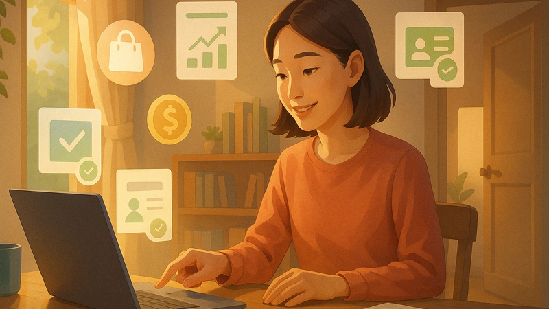 柔らかい夕方の光が差し込む自宅の机で、若い女性ブロガーがノートパソコンを操作しながら微笑み、周りにチェックマークやグラフ、コイン、ショッピングバッグなどのアイコンが浮かんでいて、ASPに簡単登録できそうな雰囲気が伝わる様子。