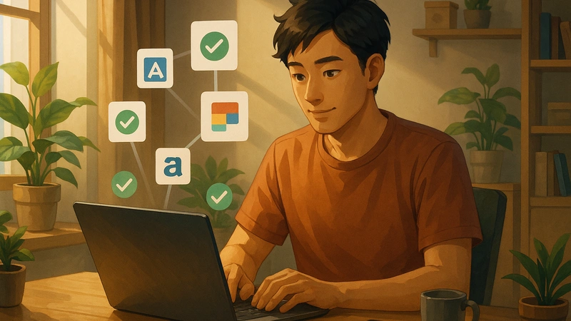 夕方の暖かい光が差し込む自宅の机で、若い男性ブロガーがノートパソコンを操作しながら微笑み、その周りに複数のASPを連想させるアイコンと緑のチェックマークが浮かび、観葉植物やマグカップ、本棚が並ぶ奥行きのある部屋の様子が描かれている。