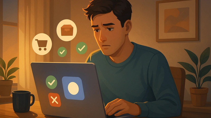 夕方の暖かい光が差し込む部屋で、若い男性がノートパソコンの画面を不安そうに見つめて作業しており、周りにはショッピングカートや箱のアイコン、緑のチェックマークと赤いバツ印が浮かび、デスク上のマグカップやスマホ、観葉植物とあわせて審査の通過・不合格を気にしている雰囲気が伝わる様子。