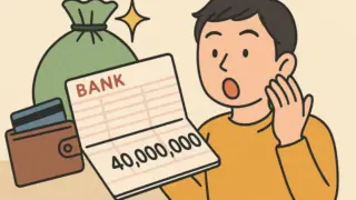 通帳を見て驚く30代男性が、4000万円の貯金残高に目を見開いている様子。そばには財布とお金袋があり、全体が柔らかい手描き風のイラストで描かれている。