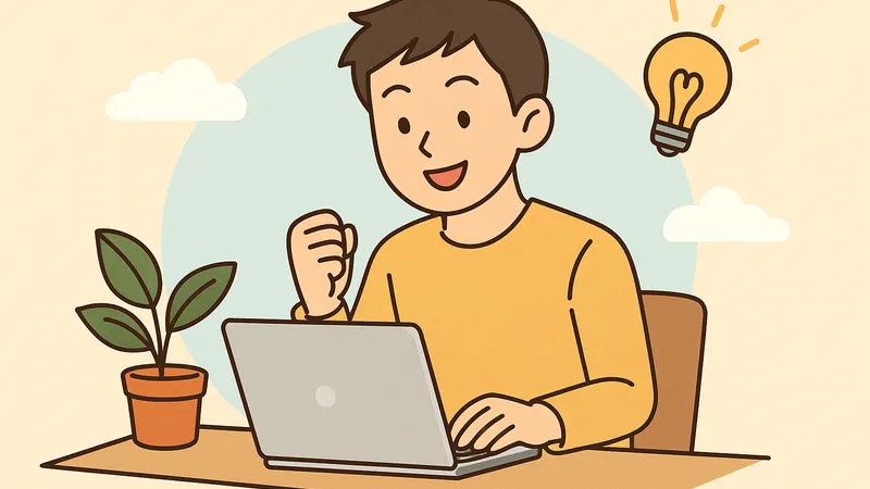 ノートパソコンに向かって笑顔で作業する若い男性が、片手を軽く握ってガッツポーズをしているイラスト。デスクには観葉植物が置かれ、背景にはひらめきを表す電球と雲が浮かんでいる。