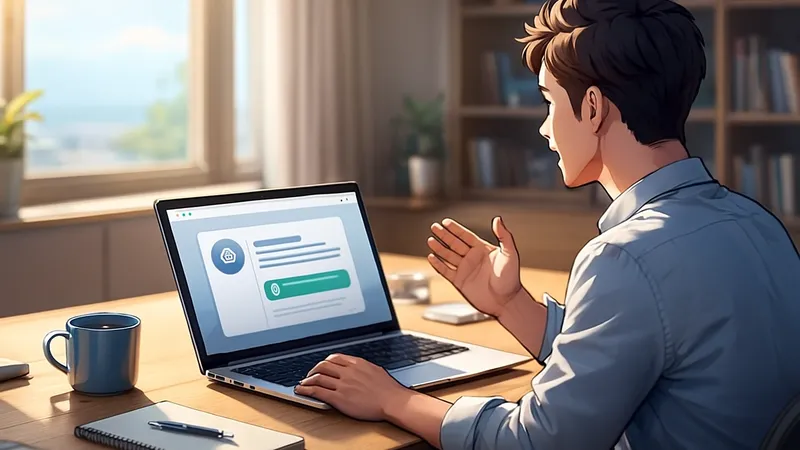 日当たりの良い自宅の書斎で、若い男性のブロガーが木製のデスクでノートパソコンに向かって話しかけながらブログ記事を書いている様子のイラスト。窓から差し込む光と本棚、観葉植物が背景に描かれている。