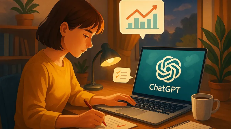 自宅のワークスペースで、若い女性のブロガーが木製のデスクに座り、ノートパソコンのChatGPTの画面と横に広げた原稿用紙を見比べながら赤ペンで誤字・脱字や内容をチェックしている様子を、デスクライトやマグカップ、本棚と観葉植物がある背景ごと描いた半リアル調のイラスト