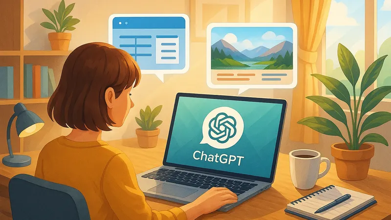 明るい自宅のワークスペースで、若い女性のブロガーが木製のデスクに座り、ノートパソコンのChatGPTの画面を見つめているイラスト。画面の上には、表形式のレイアウトと山の風景画像が描かれた吹き出しが浮かび、机の上にはマグカップとノート、ペンが置かれ、背後には本棚と観葉植物、窓から差し込む光が描かれている。