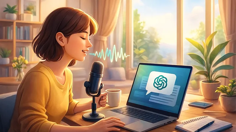 明るい自宅のリビング兼ワークスペースで、若い女性のブロガーがデスクに座り、ノートパソコンのChatGPTの画面を前にマイクに向かって楽しそうに音声入力している様子のイラスト。机の上にはコーヒーカップとノートPC、メモ帳とペンが置かれ、大きな窓から差し込む光と観葉植物、本棚が背景に描かれている。