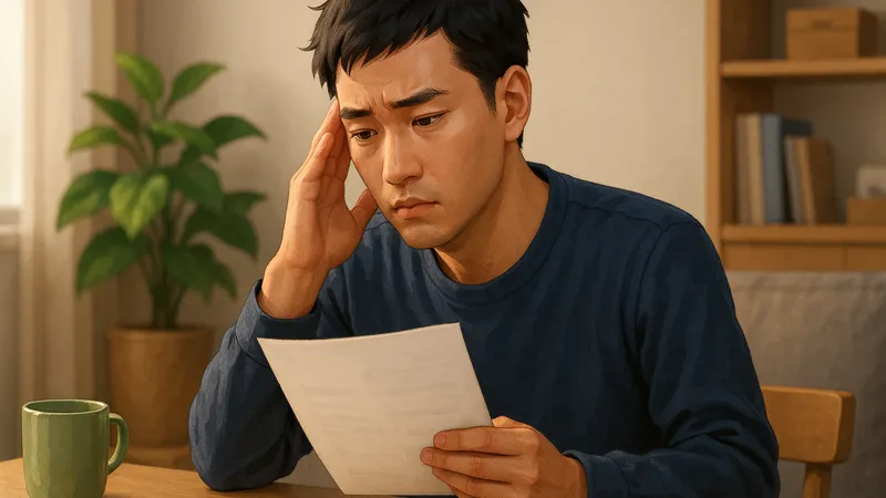 自宅のテーブルに座った30代くらいの男性が片手でこめかみを押さえながら書類をじっと見つめて考え込んでおり、横にはマグカップが置かれ、背景に観葉植物や本棚、カーテン越しの柔らかな光が差し込む、退職前に健康保険やお金のことを確認している雰囲気のシーン。
