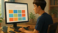 デスクトップPCモニターにカラフルなバナーがグリッド状に並んだ画面を映し、木のデスクでキーボードとマウスを操作しながらブログの広告レイアウトを編集している男性ブロガーが、観葉植物や本棚のある室内で作業しているイラスト。