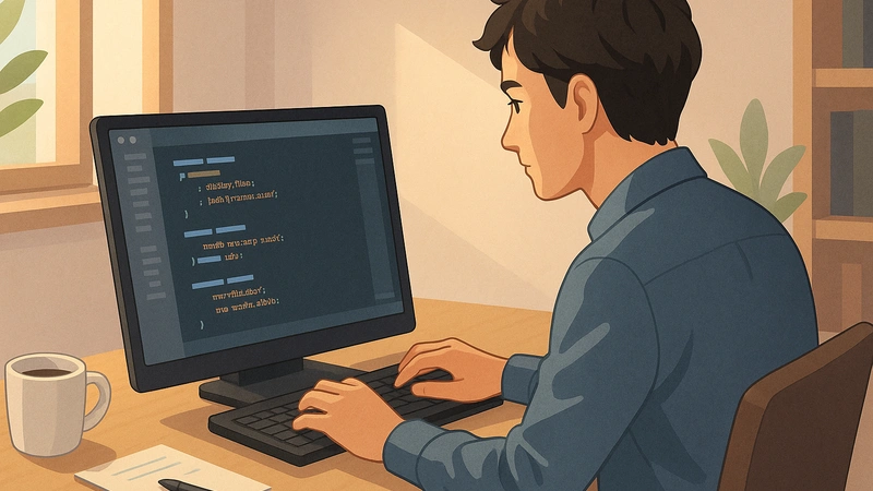 自宅のデスクでブロガーがデスクトップPCの画面に表示されたCSSコードを編集しながら、横に置いたコーヒーとメモ帳に囲まれて集中して作業している様子