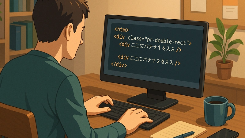自宅のデスクでブロガーがデスクトップPCの画面に表示されたHTMLコードを見ながらキーボードを打ち、横にはコーヒーやメモ帳、スマホが置かれた落ち着いた書斎の様子