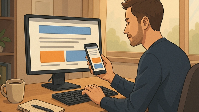 自宅のデスクでブロガーがデスクトップモニターの横並びバナーと手に持ったスマホの縦並びバナー表示を見比べながら、コーヒーやメモ帳の置かれた窓際の作業スペースでレイアウトを確認している様子