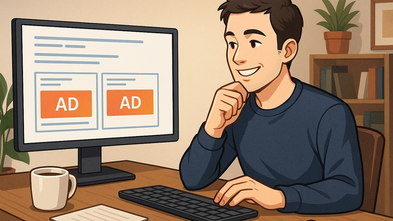 自宅のデスクでブロガーがモニターに横並びのバナー広告2枚がきれいに表示されている画面を見ながら満足そうに微笑み、そばにはコーヒーやメモ用紙、観葉植物が置かれた落ち着いた書斎の様子