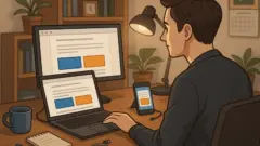 自宅の書斎でブロガーがノートPCと外付けモニターを前に座り、記事下に2列のバナー広告が並んだ画面とスマホの1列表示を確認しながら、マグカップやメモ帳の置かれた机で作業している様子