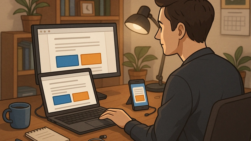 自宅の書斎でブロガーがノートPCと外付けモニターを前に座り、記事下に2列のバナー広告が並んだ画面とスマホの1列表示を確認しながら、マグカップやメモ帳の置かれた机で作業している様子