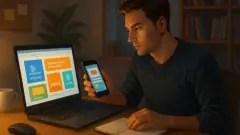 自宅のデスクでノートPCとスマホの画面を見比べながら広告バナーを確認しているブロガーが、ノートやペン、マグカップの置かれた作業机に座り、画面の光と室内の照明に照らされている様子。
