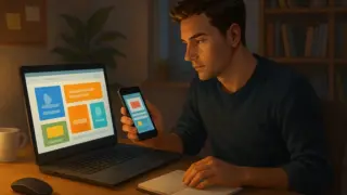 自宅のデスクでノートPCとスマホの画面を見比べながら広告バナーを確認しているブロガーが、ノートやペン、マグカップの置かれた作業机に座り、画面の光と室内の照明に照らされている様子。