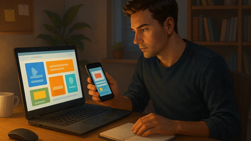 自宅のデスクでノートPCとスマホの画面を見比べながら広告バナーを確認しているブロガーが、ノートやペン、マグカップの置かれた作業机に座り、画面の光と室内の照明に照らされている様子。