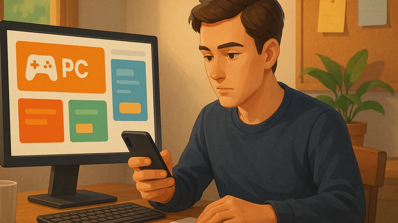 自宅のデスクでPCモニターに並ぶカラフルなバナーとスマホ画面を見比べながら広告の出し分けを考えているブロガーが、ノートやキーボード、観葉植物に囲まれた温かい室内で作業している様子。