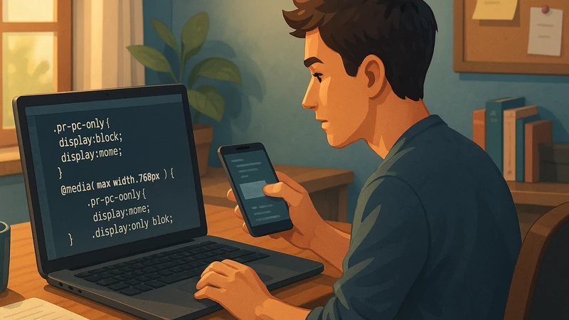ノートPCでCSSコードを入力しながら片手でスマホ画面も確認しているブロガーが、ノートやペン、観葉植物、本棚のある自宅の作業部屋でデスクに向かっている様子。