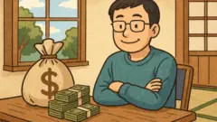 和室の一角で穏やかな表情を浮かべる眼鏡の男性が、テーブルの上に積まれた札束と大きな袋を前に腕を組んで座っているイラスト。窓の外には青空と緑の木々が広がっている。
