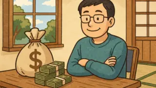 和室の一角で穏やかな表情を浮かべる眼鏡の男性が、テーブルの上に積まれた札束と大きな袋を前に腕を組んで座っているイラスト。窓の外には青空と緑の木々が広がっている。