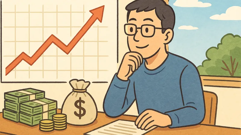 青い服を着た眼鏡の男性がテーブルに座り、積まれた札束やお金の袋のそばで、上昇するグラフを見ながら満足げに微笑んでいる。窓の外には青空と緑の木々が広がっている。