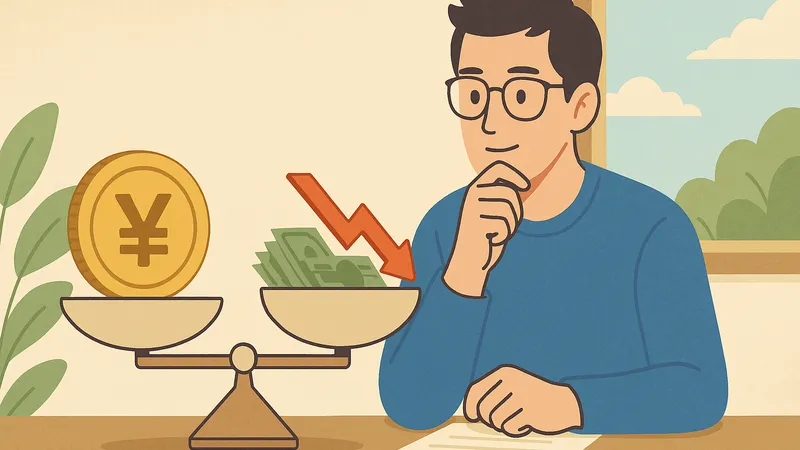 眼鏡をかけた男性が、天秤のように並べられた家計のコインと資産のグラフを見比べながら、穏やかな表情で考えているイラスト。背景には柔らかな光と植物が描かれ、落ち着いた雰囲気を漂わせている。