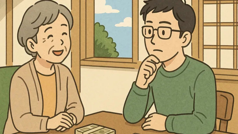 和室のリビングで高齢の母親と向かい合い、生活費について真剣に相談している眼鏡の男性。テーブルの上には札束と書類が置かれ、窓の外には青空と木々が見える。